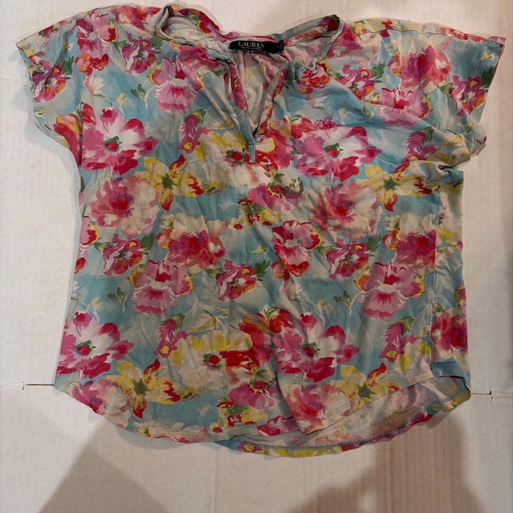 Ralph Lauren Floral V-Neck Short Sleeve Top - Pink, Blue, Yellow